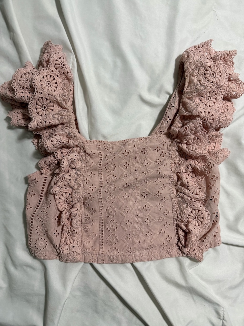 Altar’d State Lace Eyelet Ruffle Crop Top - Blush Pink